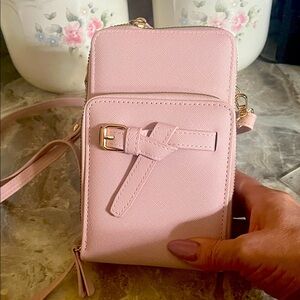 Pink crossbody bag, wallet, phone holder. New